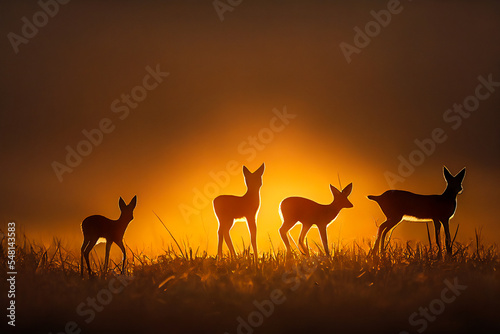 Valokuva A group of deer are silhouetted in the early morning light next to a forest