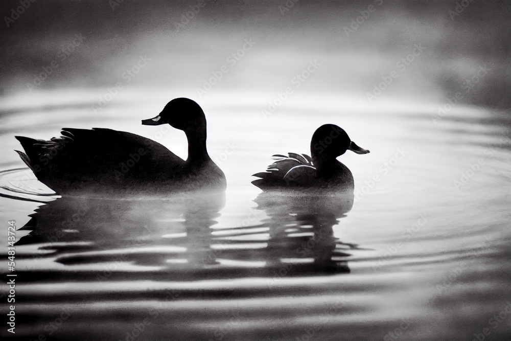 Fototapeta premium A duck swims on the calm water of a peaceful lake in the morning. Its aquatic life is a beautiful and rare scene, with a well-defined shadow standing out against the bright light.