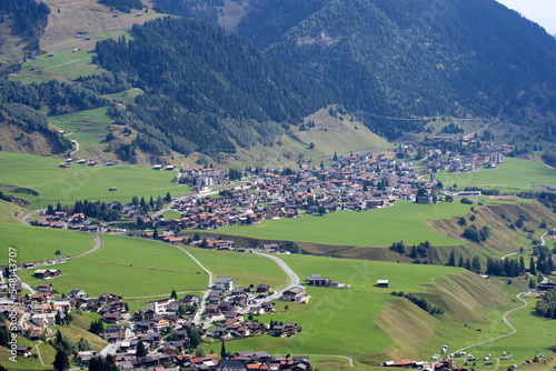 Beautiful scenic landscape at Alp Milez, Canton Graubünden, with villages Dieni, Rueras and Sedrun in the Swiss alps on a late summer day. Photo taken September 5th, 2022, Milez Dieni, Switzerland.