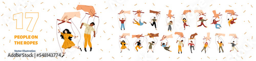 Set of people hang on ropes. Puppeteer hands controlling puppets. Manipulator playing with men and women. Characters being controlled by master, domination or authority Linear flat vector illustration