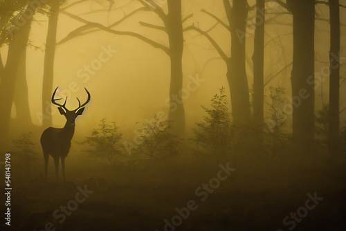 Group of deer at the edge of a wild forest in the morning light. Rare scene of the life of this proud animal with beautiful antlers standing out as a dark silhouette.