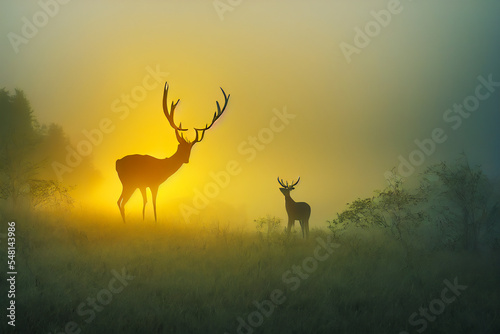 A group of deer stand at the edge of a wild forest in the morning light. They are a rare sight and the life of these proud animals with beautiful antlers stands out as a dark silhouette.