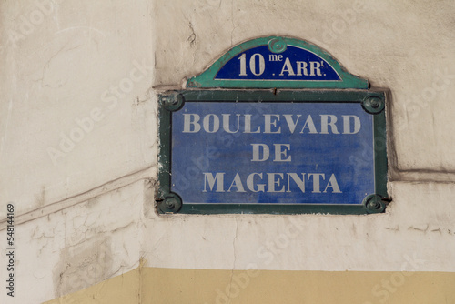 Boulevard de Magenta street sign , one of the most famous boulevards in Paris, France.