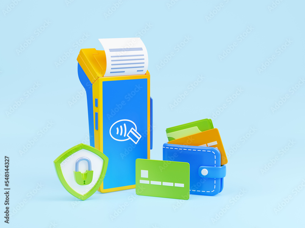 3d render safe payment via pos terminal, concept with nfc device, paper bill, plastic cards and wallet. Contactless electronic wireless money transactions, Illustration in cartoon plastic style 3d render safe payment via pos terminal, concept with nfc device, paper bill, plastic cards and wallet. Contactless electronic wireless money transactions, Illustration in cartoon plastic style