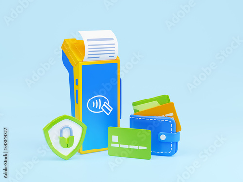 3d render safe payment via pos terminal, concept with nfc device, paper bill, plastic cards and wallet. Contactless electronic wireless money transactions, Illustration in cartoon plastic style