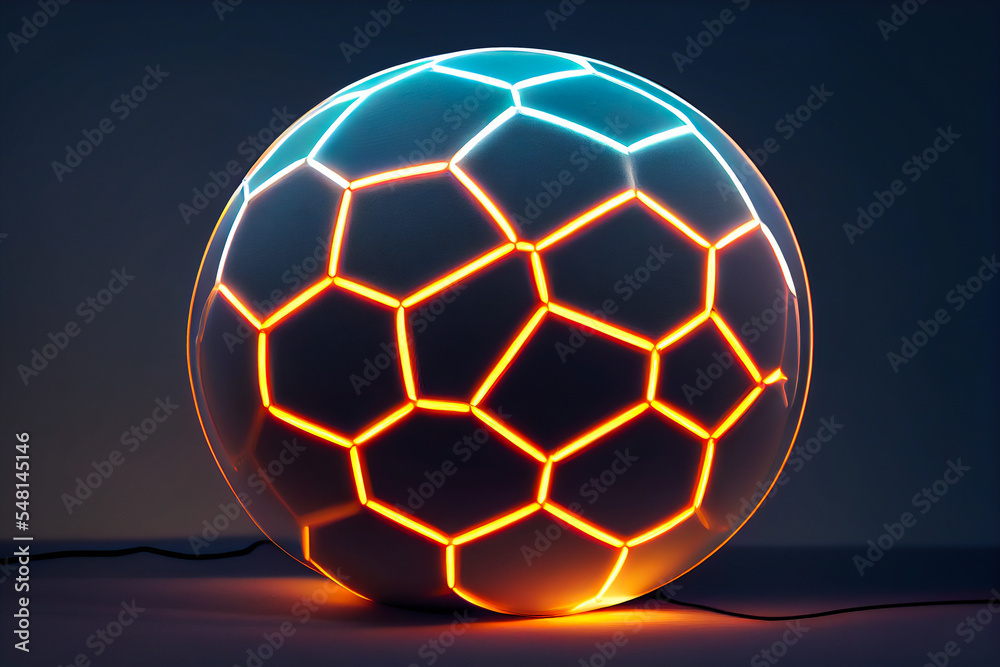 This 3D-printed soccer ball is lit up with neon lights in a black background.