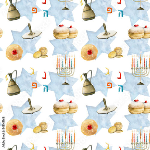 Watercolor Hanukkah seamless pattern with traditional symbols and bakery. Jewish hanuka sufganiyot, dreidel, menorah photo