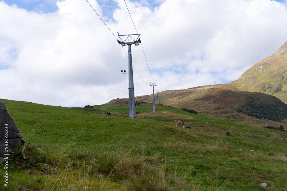 Beautiful scenic landscape at Alp Milez, Canton Graubünden, in the Swiss alps at region Oberalppass on a blue cloudy late summer day. Photo taken September 5th, 2022, Milez Dieni, Switzerland.