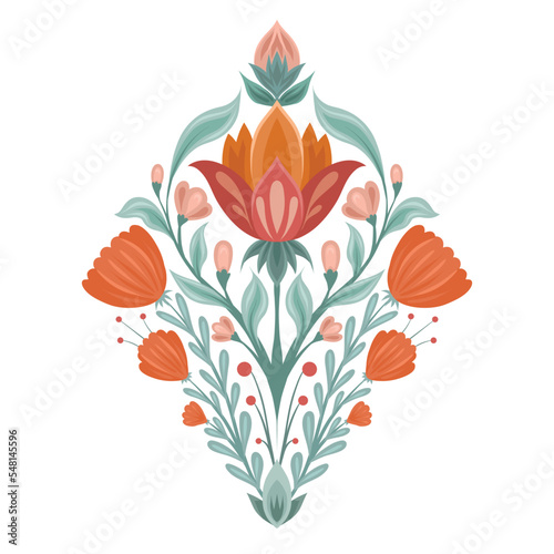 Vector folk art illustration with floral rhombus composition on white background. Botanical clipart with decorative flowers and stems.