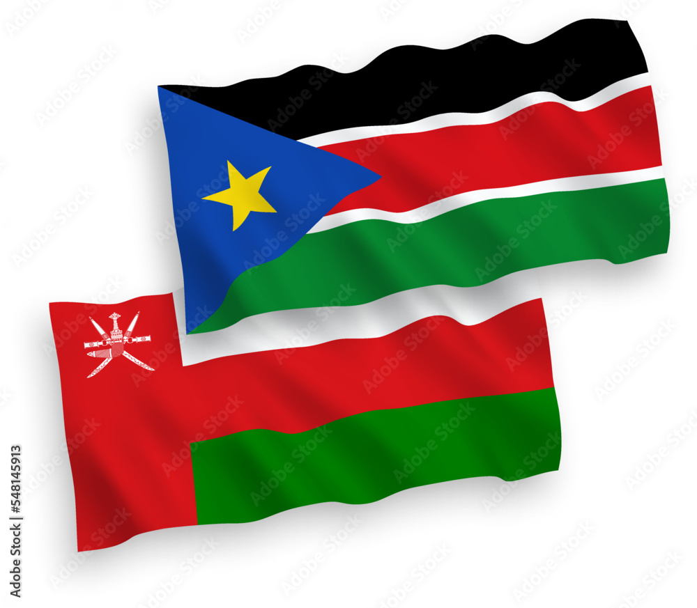National vector fabric wave flags of Sultanate of Oman and Republic of South Sudan isolated on white background. 1 to 2 proportion. National vector fabric wave flags of Sultanate of Oman and Republic of South Sudan isolated on white background. 1 to 2 proportion.