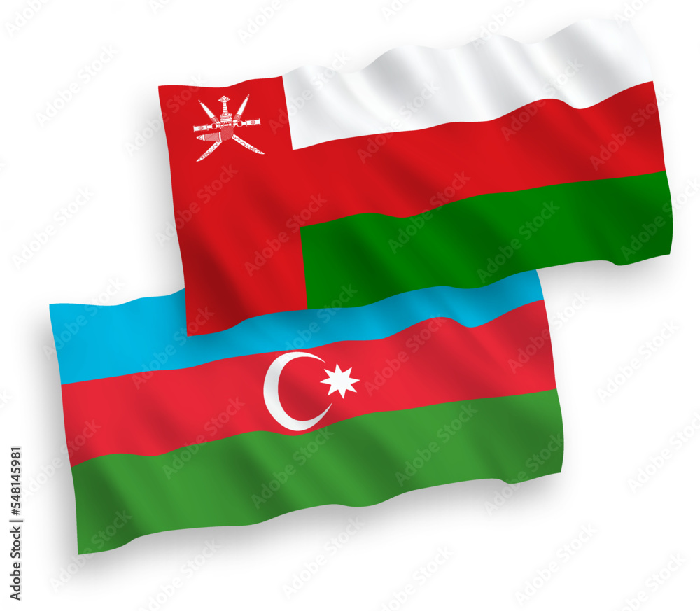 National vector fabric wave flags of Sultanate of Oman and Azerbaijan isolated on white background. 1 to 2 proportion.