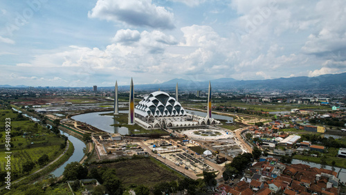 Aerial view of the Beautiful scenery Al-Jabbar Bandung mosque building, a large mosque in the city of Bandung.  photo