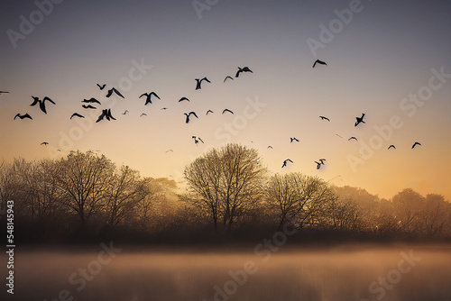Forest and field landscape with group of birds flying in formation in the sky during a migration. Creative digital illustration of migratory bird.