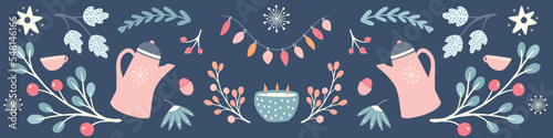 Hygge Autumn and winter illustration border design. Cute and cosy Fall vector symmetrical banner.