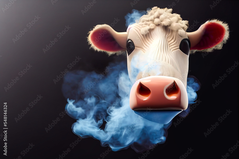 Naklejka premium 3d illustration to show the atmospheric pollution by the cows' farts and the massive release of polluting gases like CO2. Intensive animal breeding is one of the causes of global warming.