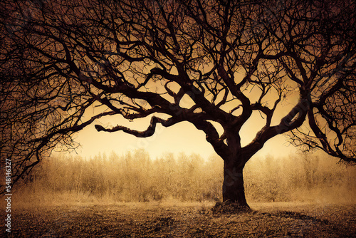 Silhouette of a majestic old tree with many black branches in the background. Sunset and warm light.