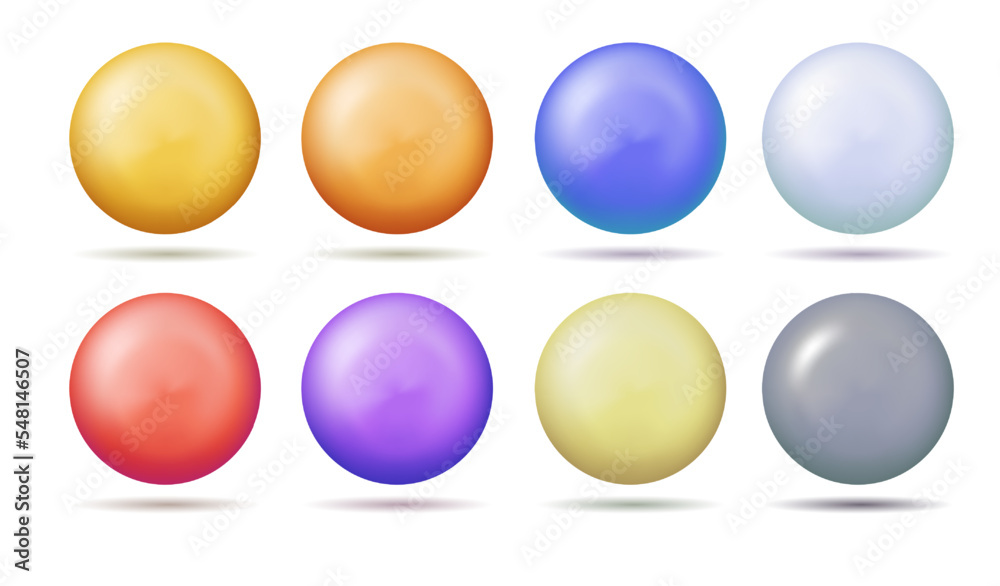 Set of glossy spheres and balls in various colors on a white background with a shadow Set of glossy spheres and balls in various colors on a white background with a shadow