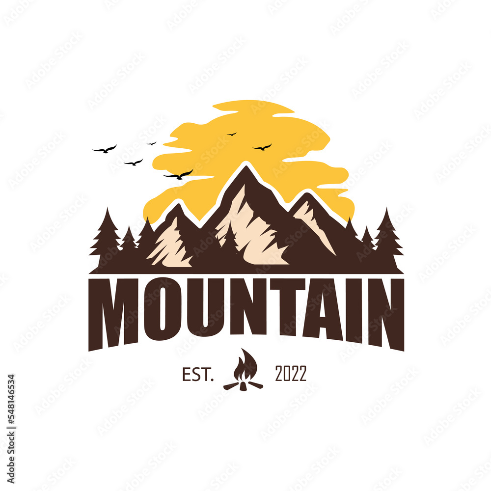 Mountain view vector logo illustration. Outdoor logo vector for sticker, badge, or emblem.