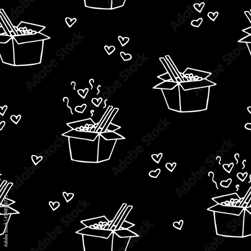 noodle in a box, chopsticks and steam with hearts seamless pattern hand drawn in doodle style.