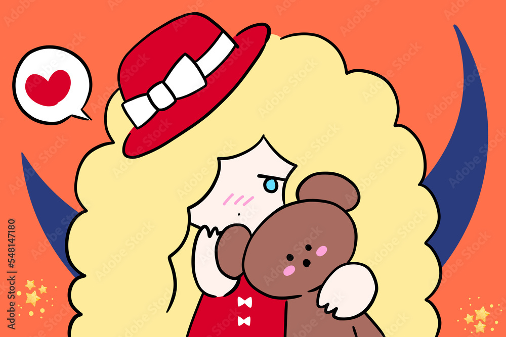 Fototapeta premium ぬいぐるみを抱えた女の子 三日月背景 イラスト