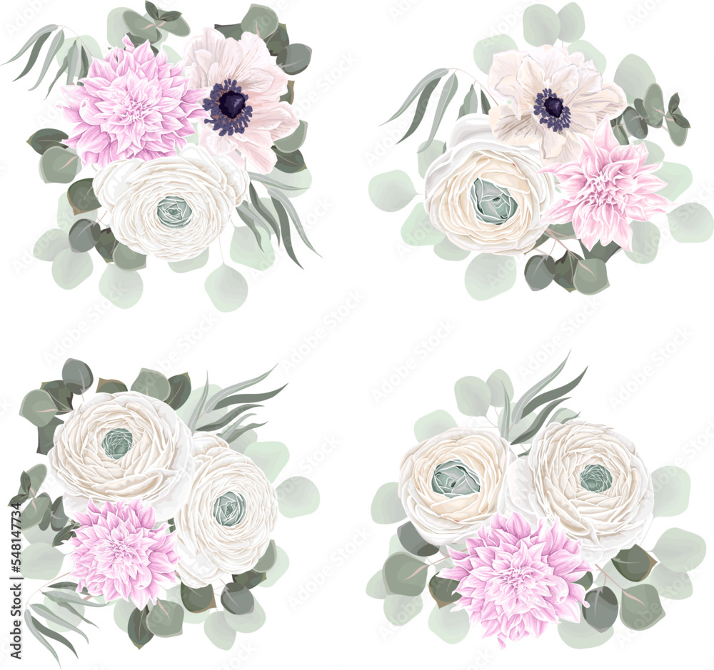 Vector Floral Collection. White roses, ranunculus, peony roses, anemones, pink dahlias, eucalyptus, green plants and leaves. Floral arrangements on white background 