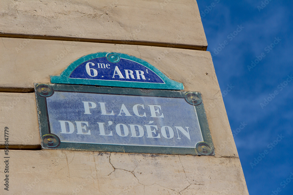 Obraz premium Place de l'Odeon street sign, one of the most famous squares in Paris, France.