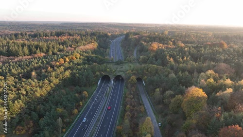 Ecoduct, ecopassage, nature bridge or game changeover. Infrastructure structure for animals and other wildlife to cross traffic, passage over a highway. Nature and man made objects merge. photo