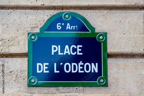 Place de l'Odeon street sign, one of the most famous squares in Paris, France.