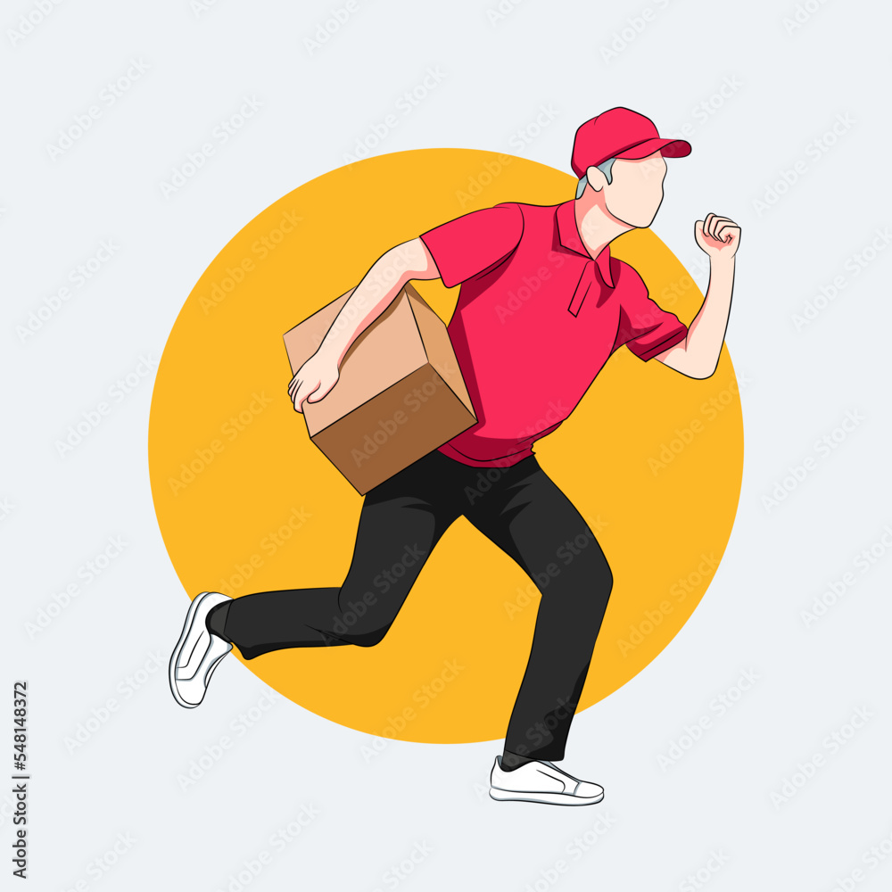 Happy delivery man in uniform running and holding parcel Happy delivery man in uniform running and holding parcel