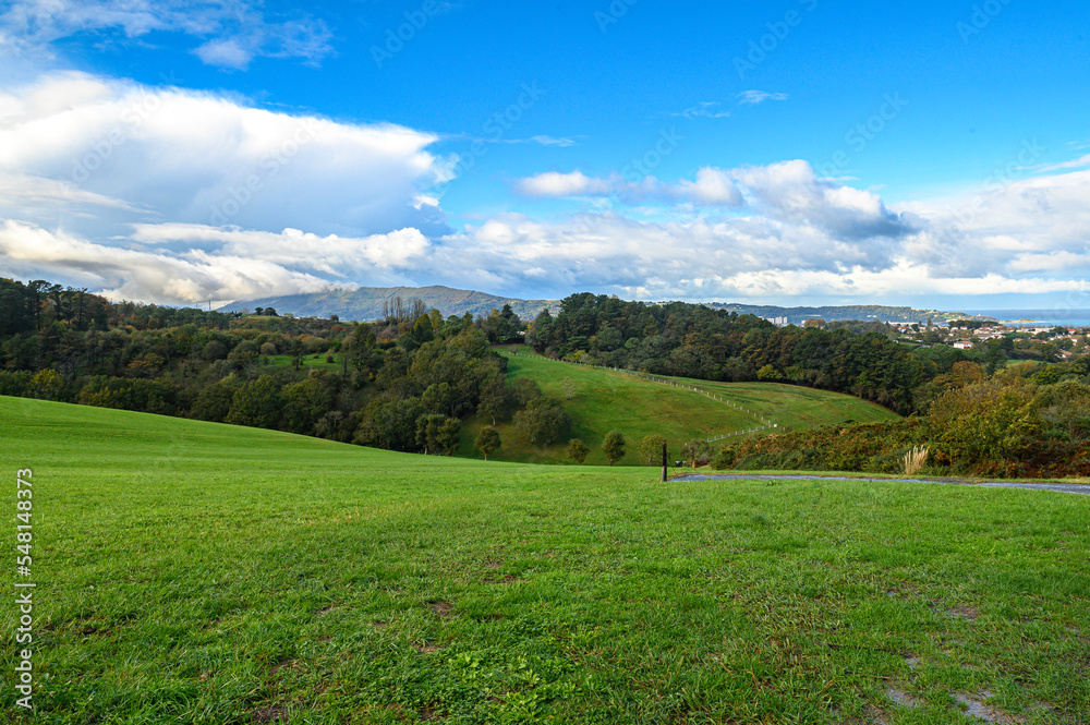 in the foreground a green field sloping downwards, full of short, smooth grass, like a large green carpet behind a slope of forest and field, behind the forest in the distance the mountain and the sky