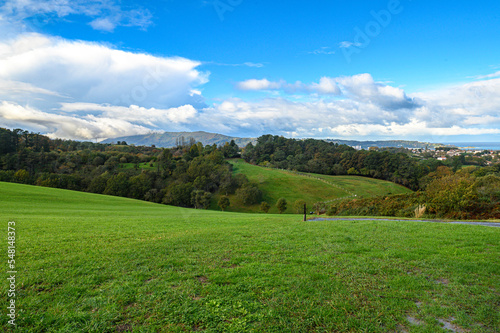 in the foreground a green field sloping downwards, full of short, smooth grass, like a large green carpet behind a slope of forest and field, behind the forest in the distance the mountain and the sky