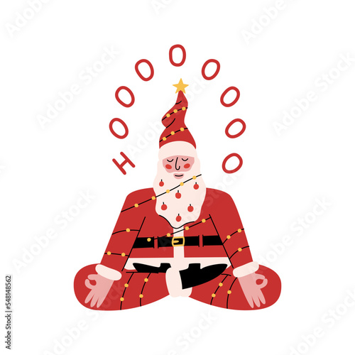 Flat vector hand drawn Santa Claus meditating isolated on white background