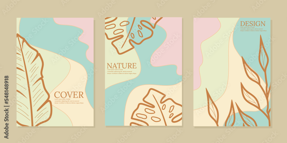 abstract botanical line art book cover design set. pastel color background. A4 size for school books, catalogs, planners, journals, flyers, posters