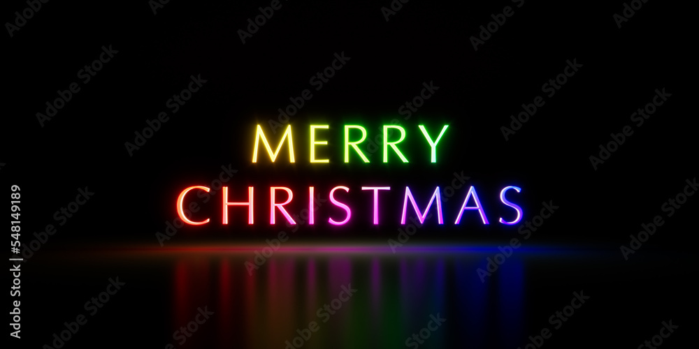 Merry Christmas text in rainbow colors isolated on black background. 3d illustration, 3d rendering