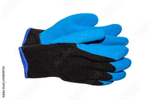 Rubberized work gloves on a white background.Latex-coated work gloves.Work gloves with anti-slip coating. photo