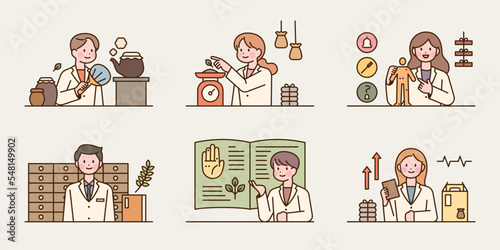 Asian traditional doctors. Doctors are preparing or explaining medicine. Upper body characters giving explanations.
