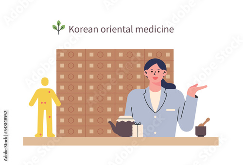 An oriental doctor is giving an explanation at the oriental clinic. She has a drawer with medicinal herbs behind her and a tool for making herbal medicines in front.