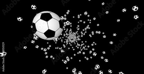 Soccer balls on a black background. Many flying soccer balls in the foreground and background. Sports training with balls.