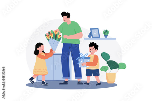 Son And Daughter Are Giving Gifts And Flowers To Father On Fathers Day