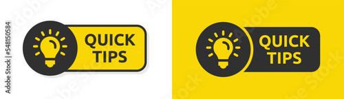 Quick tips sign with lightbulb icon. Vector badge sticker illustration.