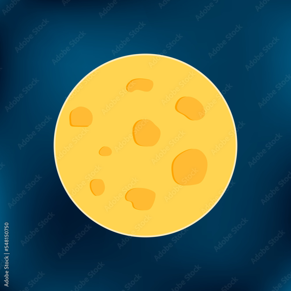 Icon, button, sticker with round yellow cartoon moon on blue gradient sky background Icon, button, sticker with round yellow cartoon moon on blue gradient sky background