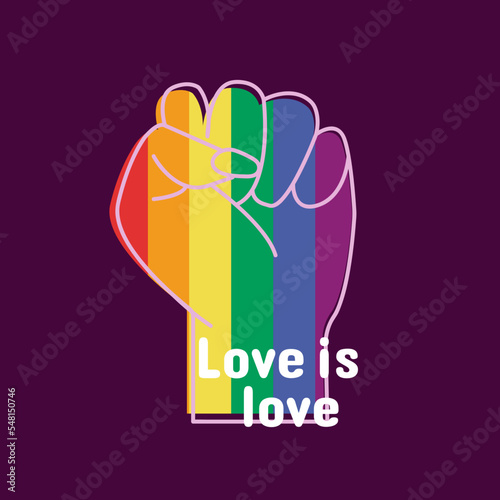 Icon, button, sticker with fist in lgbt colors and text Love is love on violet background