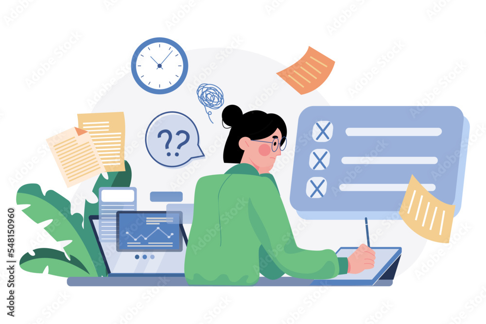 Confused Business Woman Finding The Right Solution Illustration concept ...