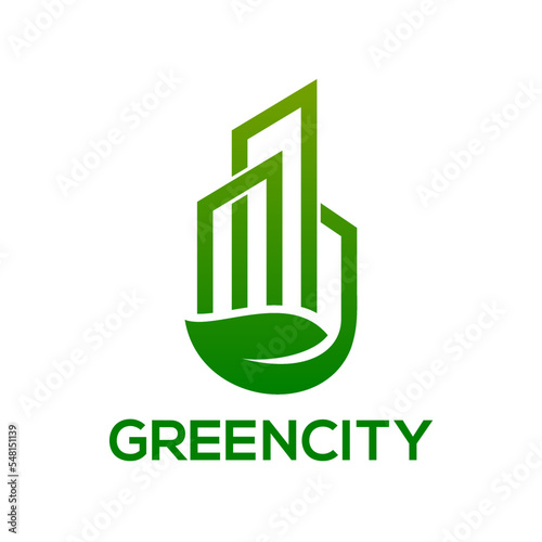 Green city vector logo template. This design use leaf symbol. Suitable for environment.