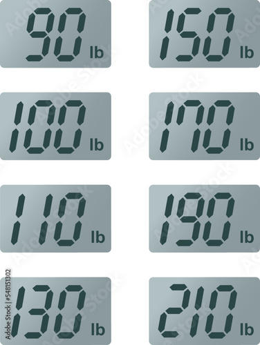 Digital weight scale 90,100,110,130,150,170,190,210 pound vector illustration