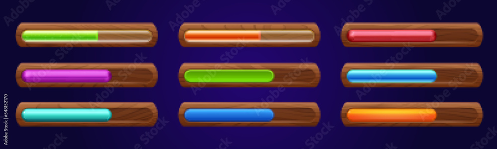 Set of wooden progress bars with different color scales isolated on background. Vector cartoon illustration of game ui design elements indicating loading process, time, power, life, assets status Set of wooden progress bars with different color scales isolated on background. Vector cartoon illustration of game ui design elements indicating loading process, time, power, life, assets status