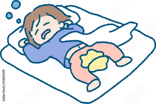 布団でおねしょをする女の子のイラスト