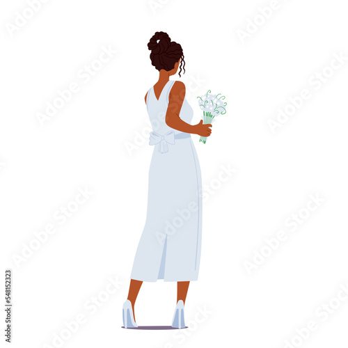 Beautiful Stylish Bride in Elegant Dress and Hairstyle Holding Bouquet Rear View. Fashioned Female Ready for Wedding