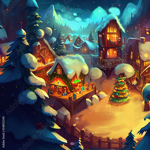 Christmas Town Santa workshop Gifts Boxes Fireworks Tree. Merry Christmas Happy New Year Card. Concept Art Scenery. Book Illustration Video Game Scene. Serious Digital Painting. CG Artwork Background 