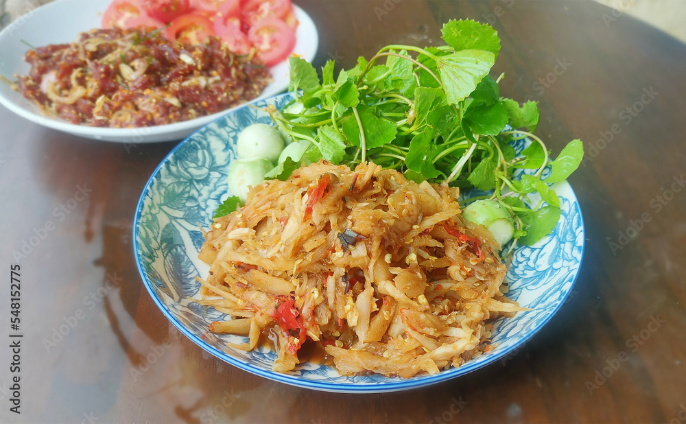 Thai Food, Isaan Food Dishes, Spicy Bamboo Shoot Stir Fried with vegetables. Stri fried pre boiled bamboo shoot and minced pork Thai Food, Isaan Food Dishes, Spicy Bamboo Shoot Stir Fried with vegetables. Stri fried pre boiled bamboo shoot and minced pork